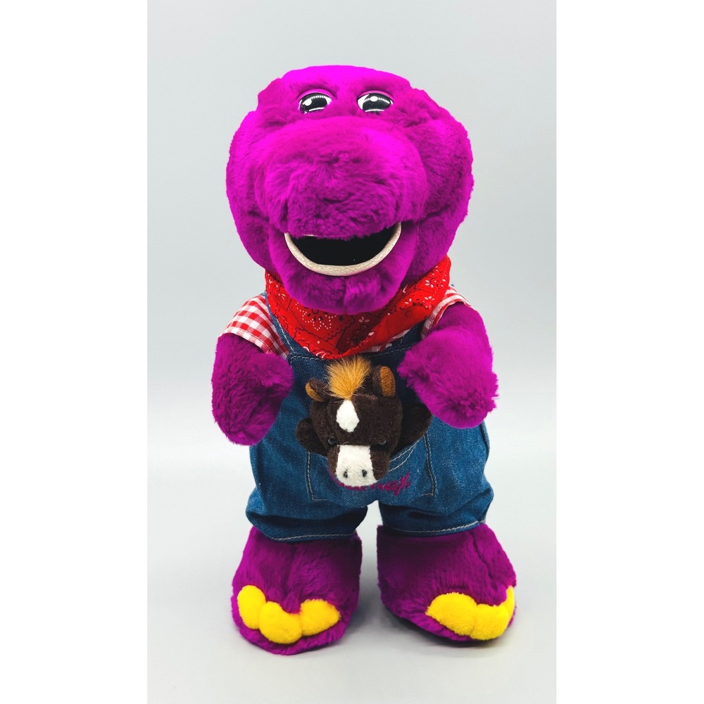 Farmer Barney Dinosaur Plush Overalls with Horse 1990s Vintage Stuffed Animal